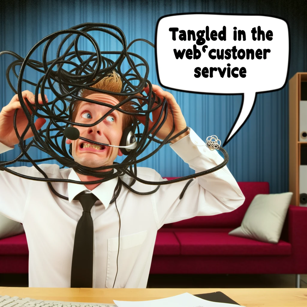 A whimsical scene of a call center agent with a tangled headset cord, struggling to free themselves. The caption jokes, "Tangled in the web of customer service."