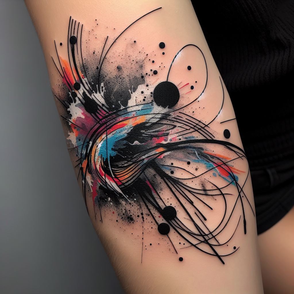 An abstract tattoo on the elbow, combining splashes of color with black ink lines for a unique, modern art piece.