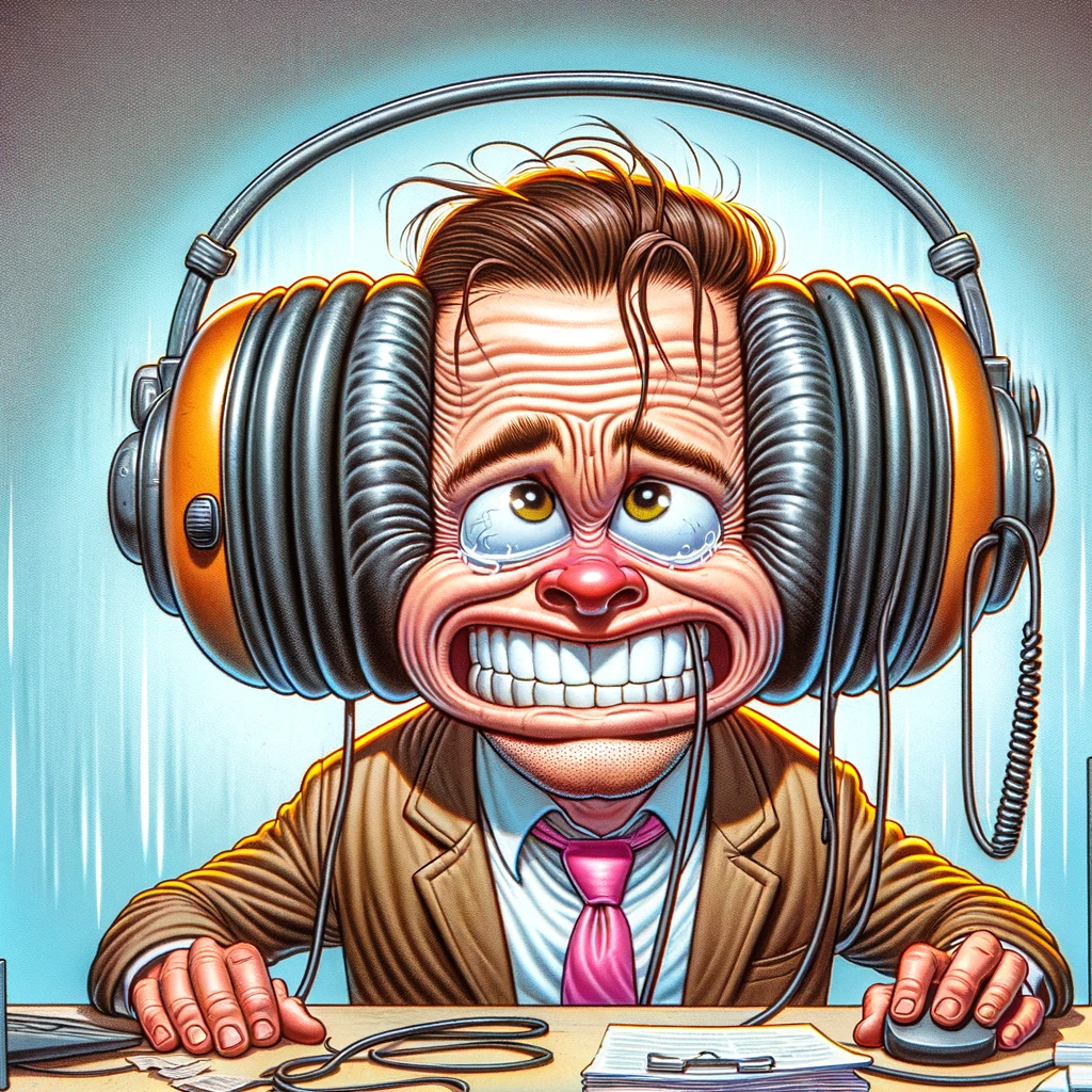An exaggerated cartoon of a call center worker with headphones too large for their head, looking overwhelmed by the size. The caption reads, "When the job feels a little too big."