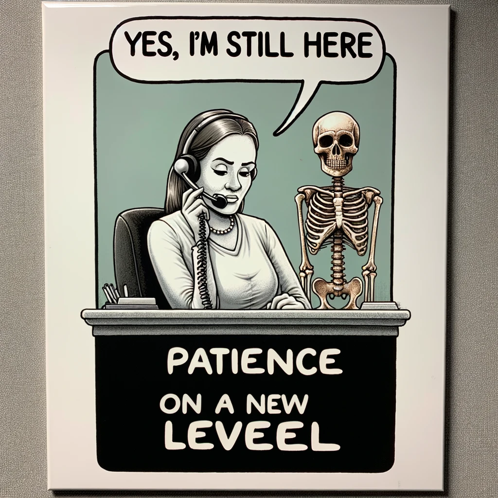 A humorous image of a call center agent with a speech bubble saying "Yes, I'm still here" while a skeleton sits next to them, implying a long wait. The caption says, "Patience on a whole new level."