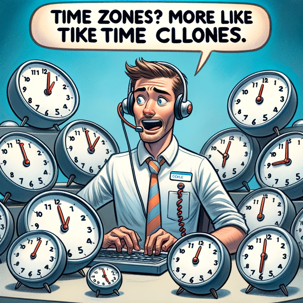 A playful depiction of a call center agent surrounded by multiple alarm clocks, each set to a different time zone. The caption humorously notes, "Time zones? More like time clones."