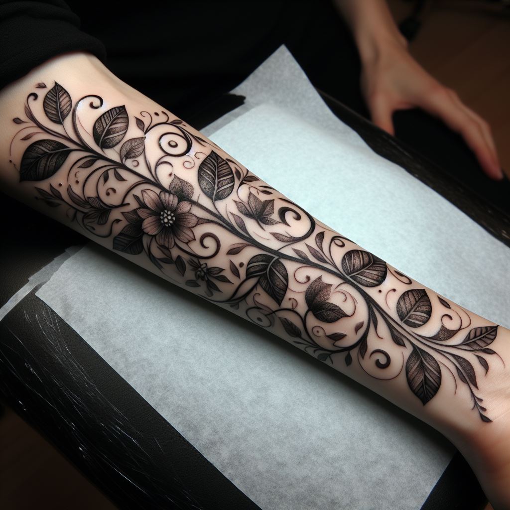 An elegant vine tattoo wrapping around the forearm, with leaves and flowers intricately entwined in a natural pattern.