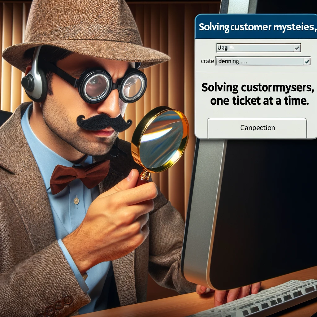 An image of a call center agent wearing a detective hat and magnifying glass, looking closely at a computer screen. The caption reads, "Solving customer mysteries, one ticket at a time."