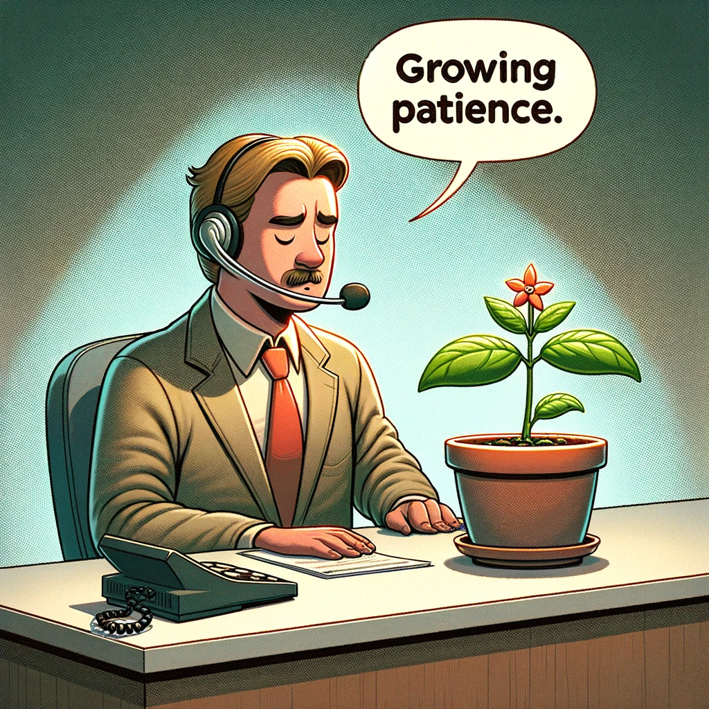 A funny scene depicting a call center agent with a plant growing out of their headset, suggesting they've been on hold for a long time. The caption reads, "Growing patience."