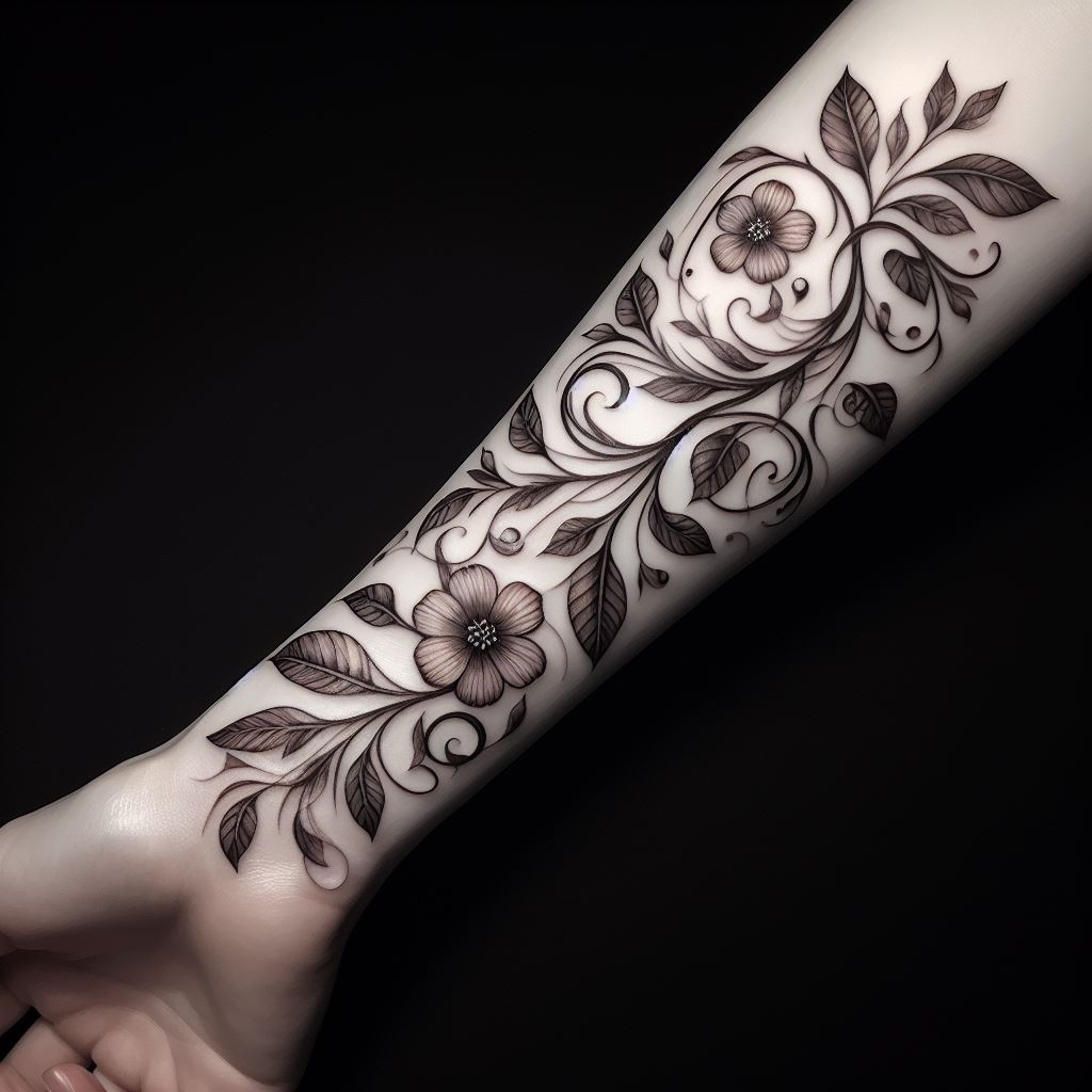 An elegant vine tattoo wrapping around the forearm, with leaves and flowers intricately entwined in a natural pattern.