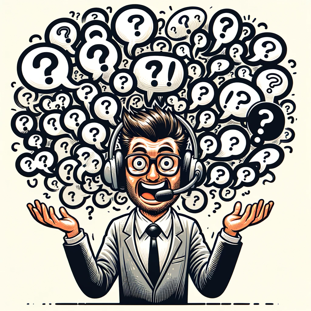 A caricature of a call center employee with speech bubbles filled with question marks and exclamation points, representing a chaotic conversation. The caption quips, "Lost in translation."