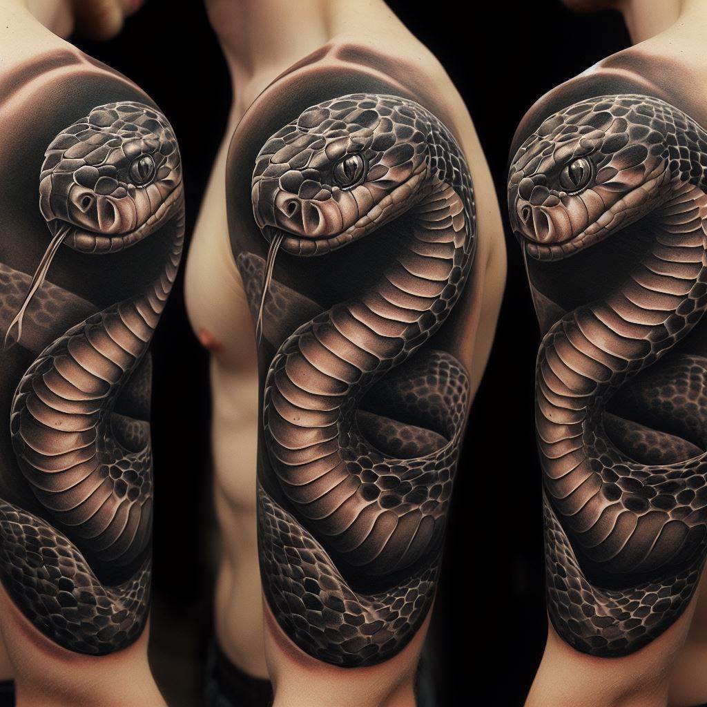 A striking snake tattoo coiling around the upper arm, depicted with realistic scales and a piercing gaze.