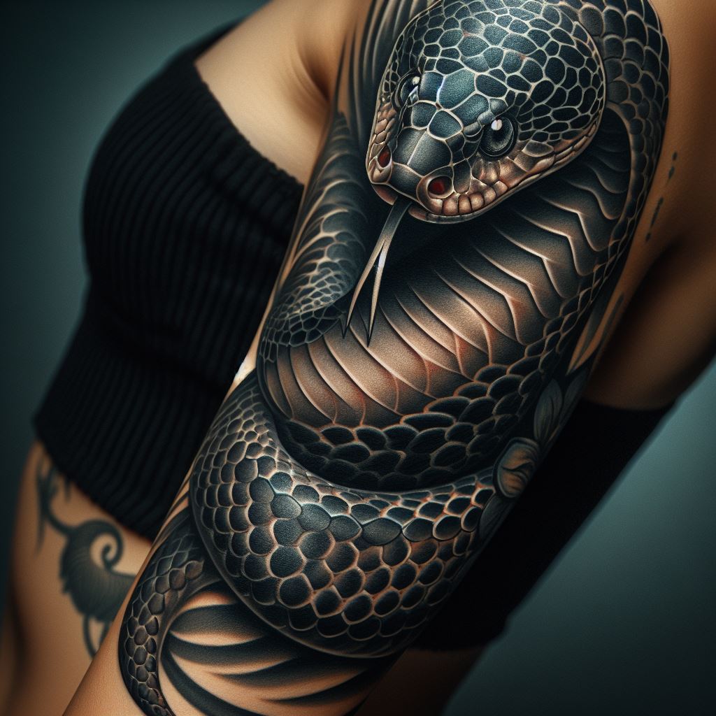 A striking snake tattoo coiling around the upper arm, depicted with realistic scales and a piercing gaze.