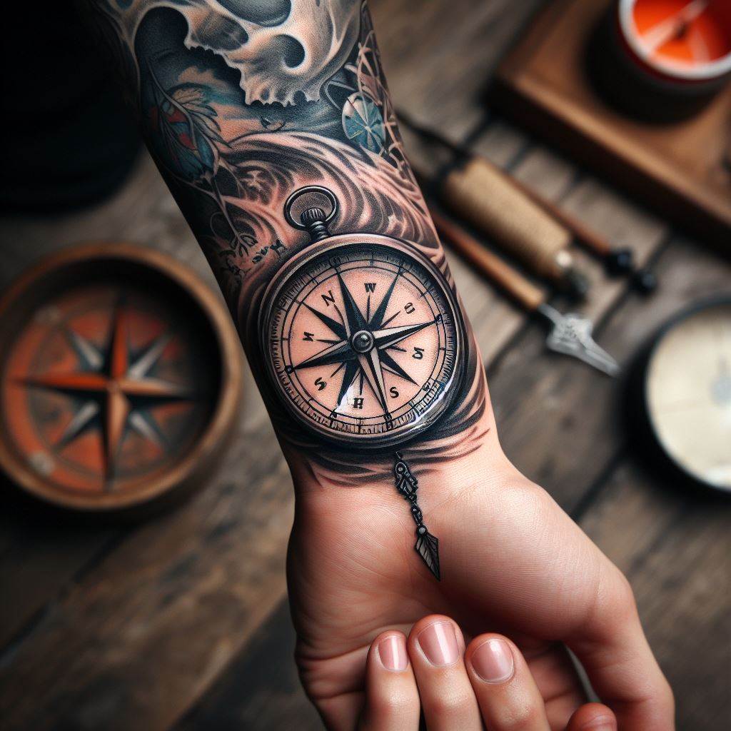 A nautical compass tattoo on the inner wrist, symbolizing guidance and direction with detailed needle and cardinal points.