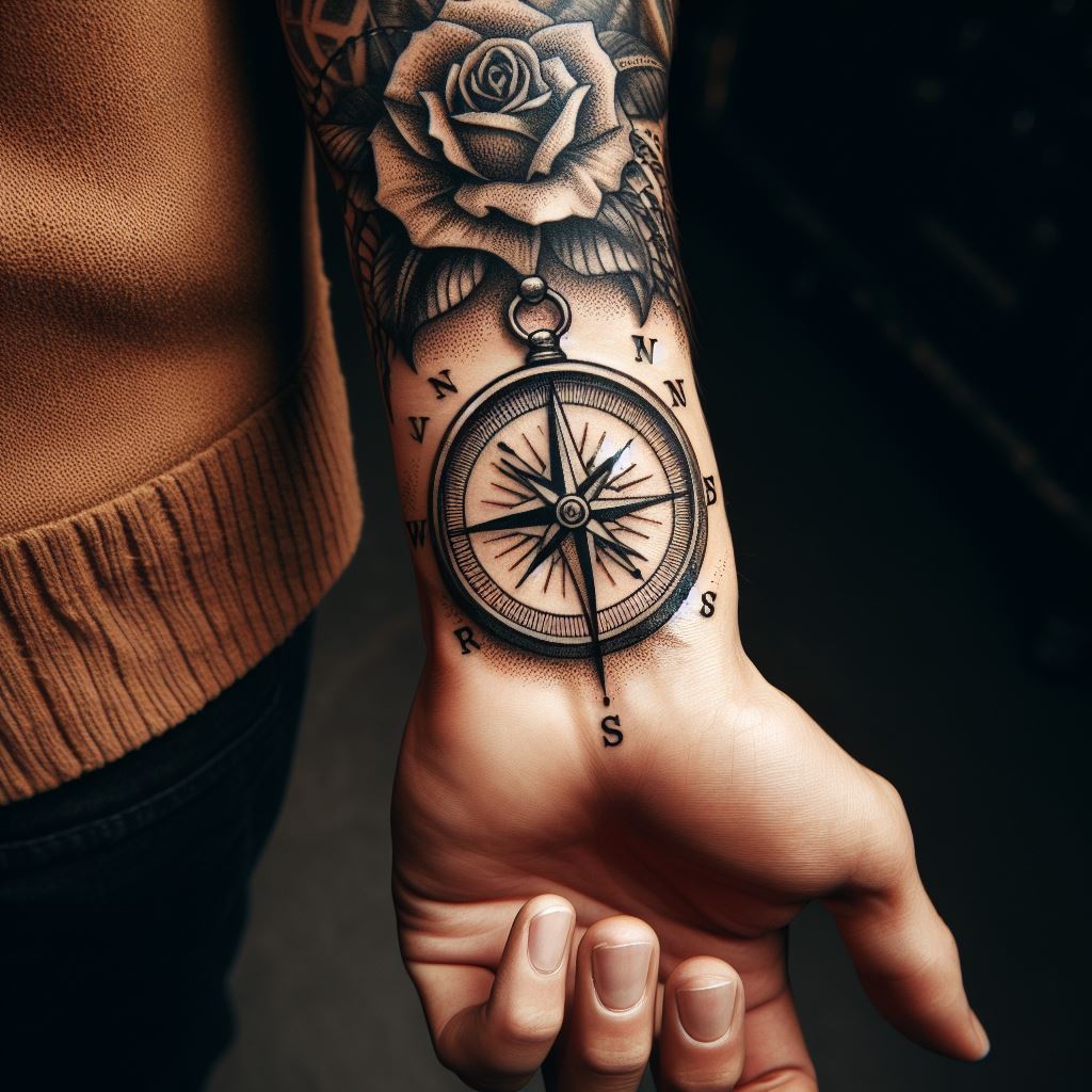 A nautical compass tattoo on the inner wrist, symbolizing guidance and direction with detailed needle and cardinal points.