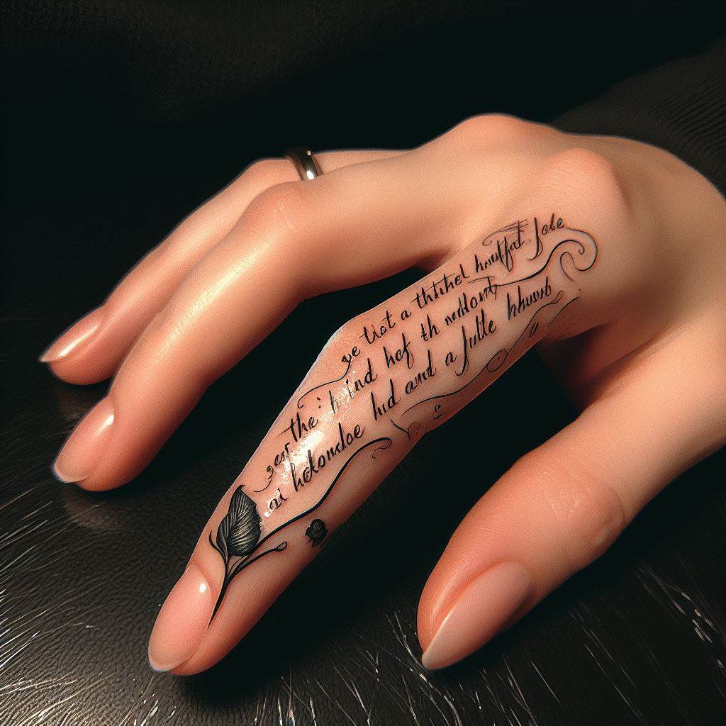 A literary quote tattoo in elegant script running down the side of the finger, inspiring wisdom and reflection.