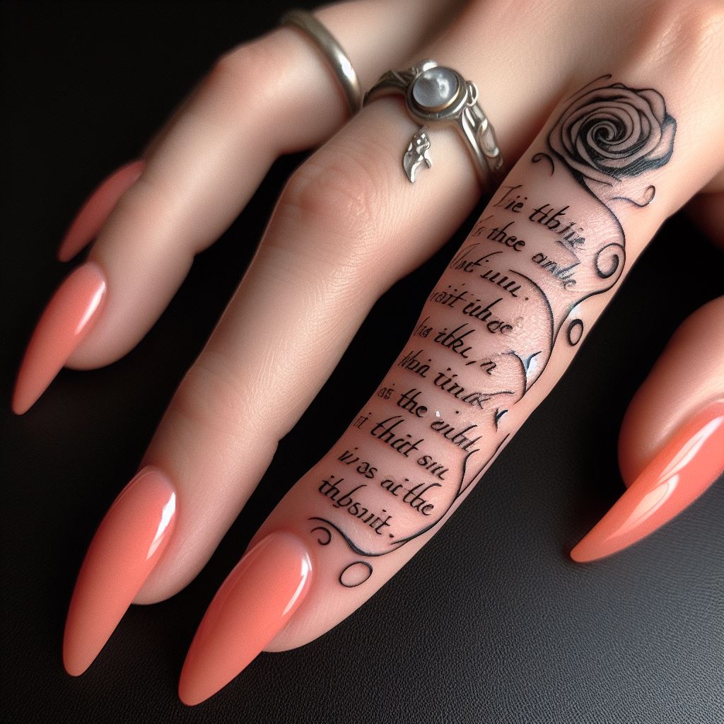 A literary quote tattoo in elegant script running down the side of the finger, inspiring wisdom and reflection.