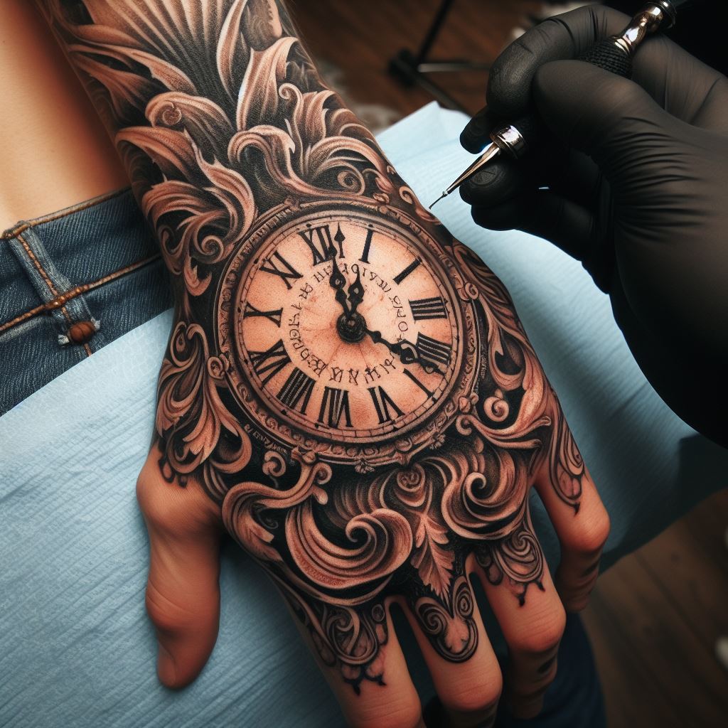An ornate clock tattoo on the back of the hand, representing the passage of time with Roman numerals and vintage hands.