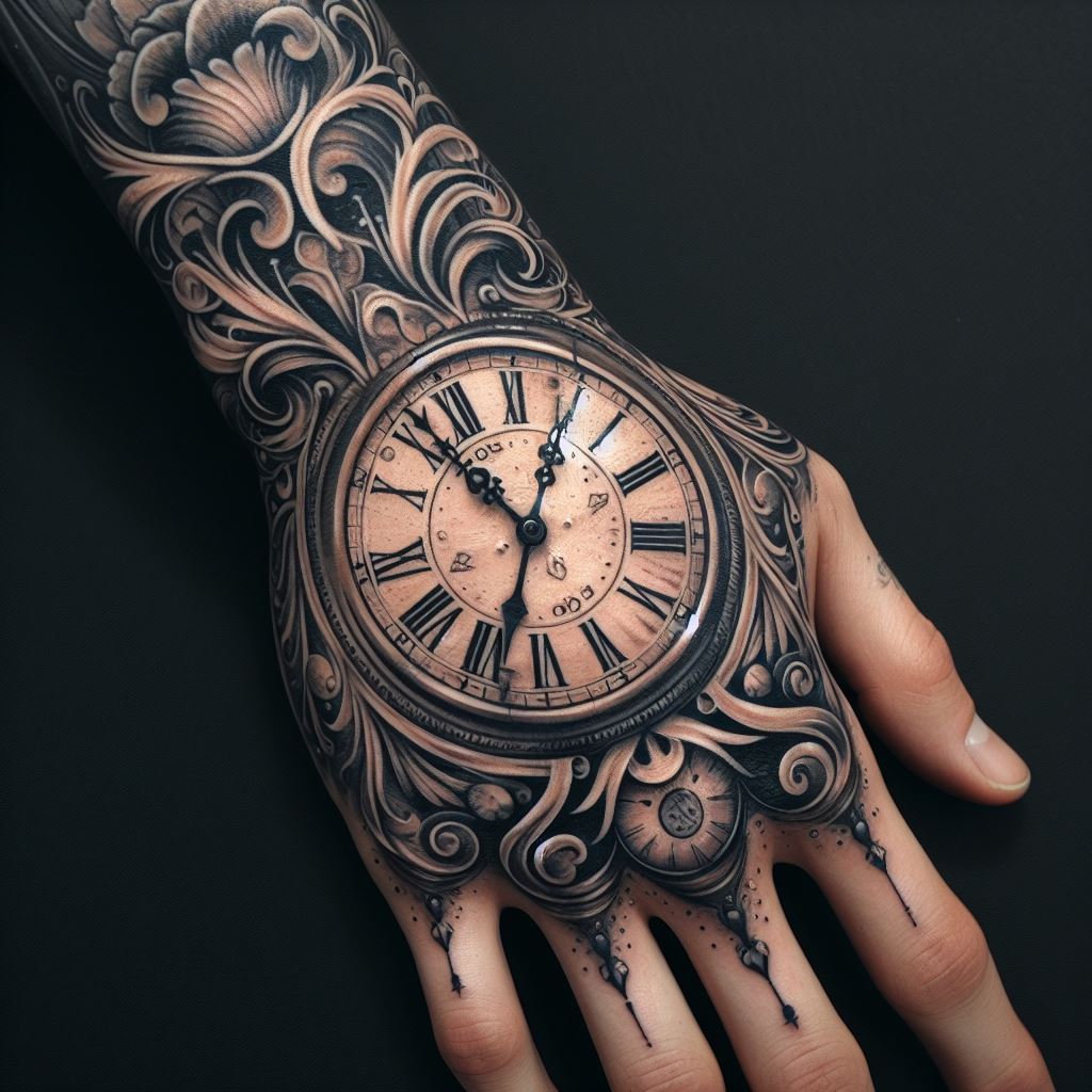 An ornate clock tattoo on the back of the hand, representing the passage of time with Roman numerals and vintage hands.