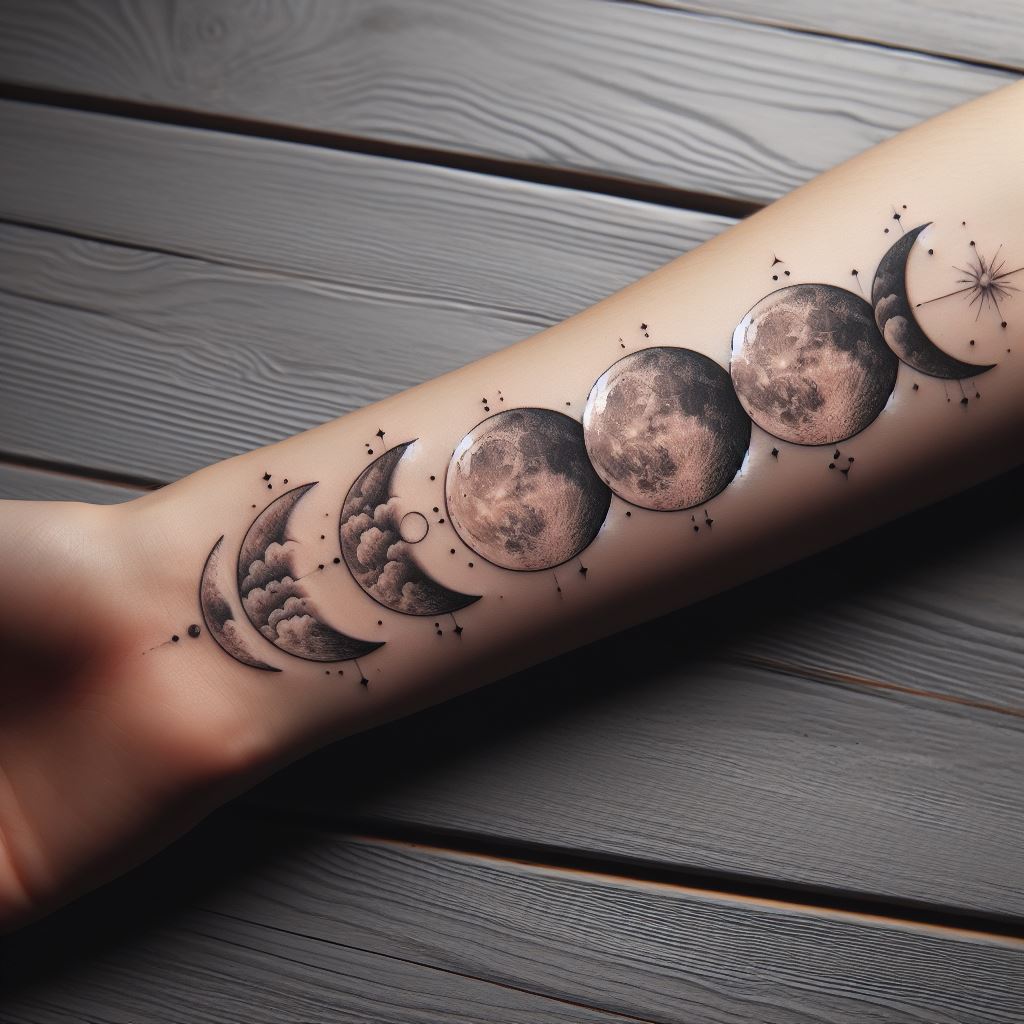 A celestial moon phases tattoo on the forearm, aligning the cycle of the moon from new to full in a linear arrangement.