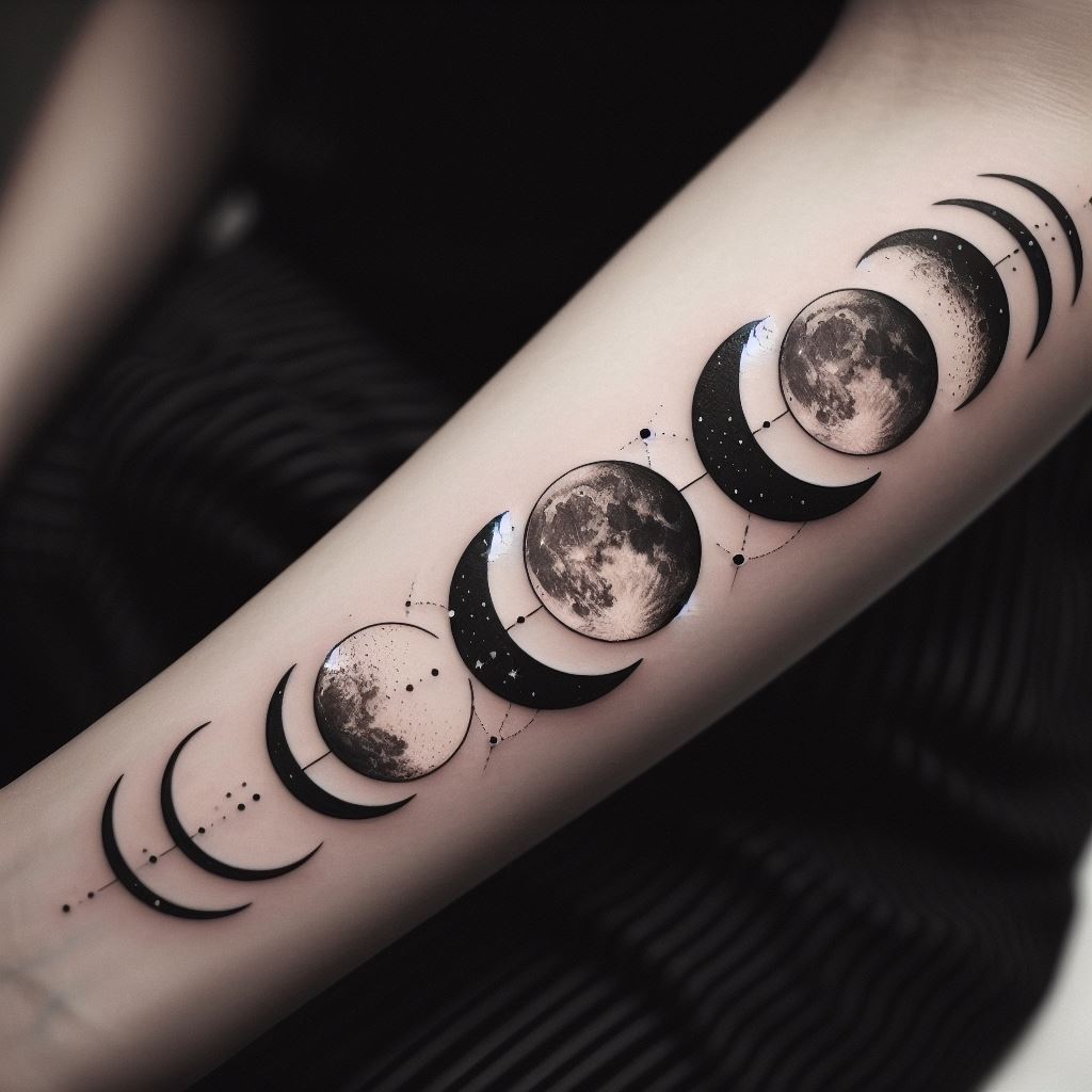 A celestial moon phases tattoo on the forearm, aligning the cycle of the moon from new to full in a linear arrangement.