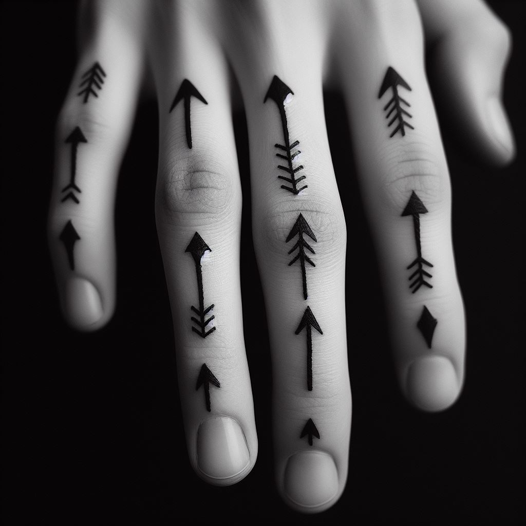 A series of small, black ink arrows tattooed across the fingers, each pointing in a different direction, symbolizing guidance and personal path.