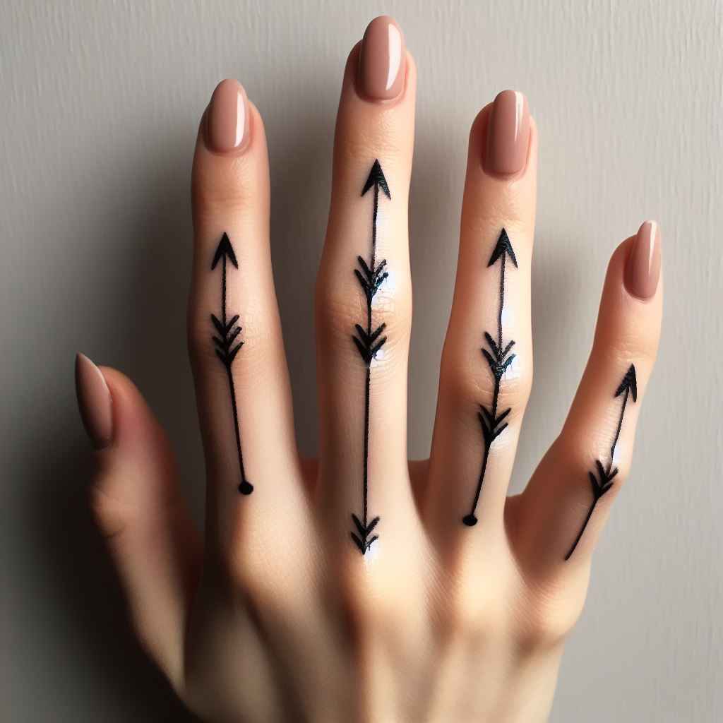 A series of small, black ink arrows tattooed across the fingers, each pointing in a different direction, symbolizing guidance and personal path.