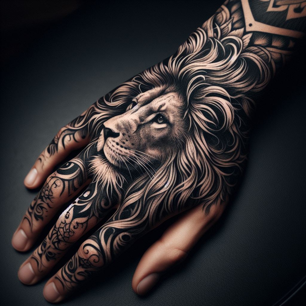 A detailed lion's mane tattoo enveloping the back of the hand, with each strand of hair meticulously inked to capture the majesty of the animal.