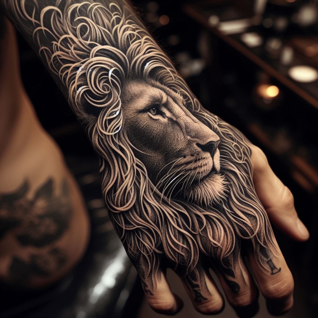 A detailed lion's mane tattoo enveloping the back of the hand, with each strand of hair meticulously inked to capture the majesty of the animal.