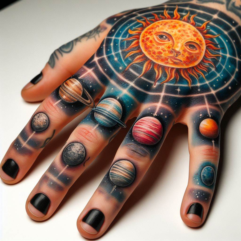 An artistic rendition of the solar system tattooed across the fingers, each planet represented by a different symbol and the sun placed on the thumb.
