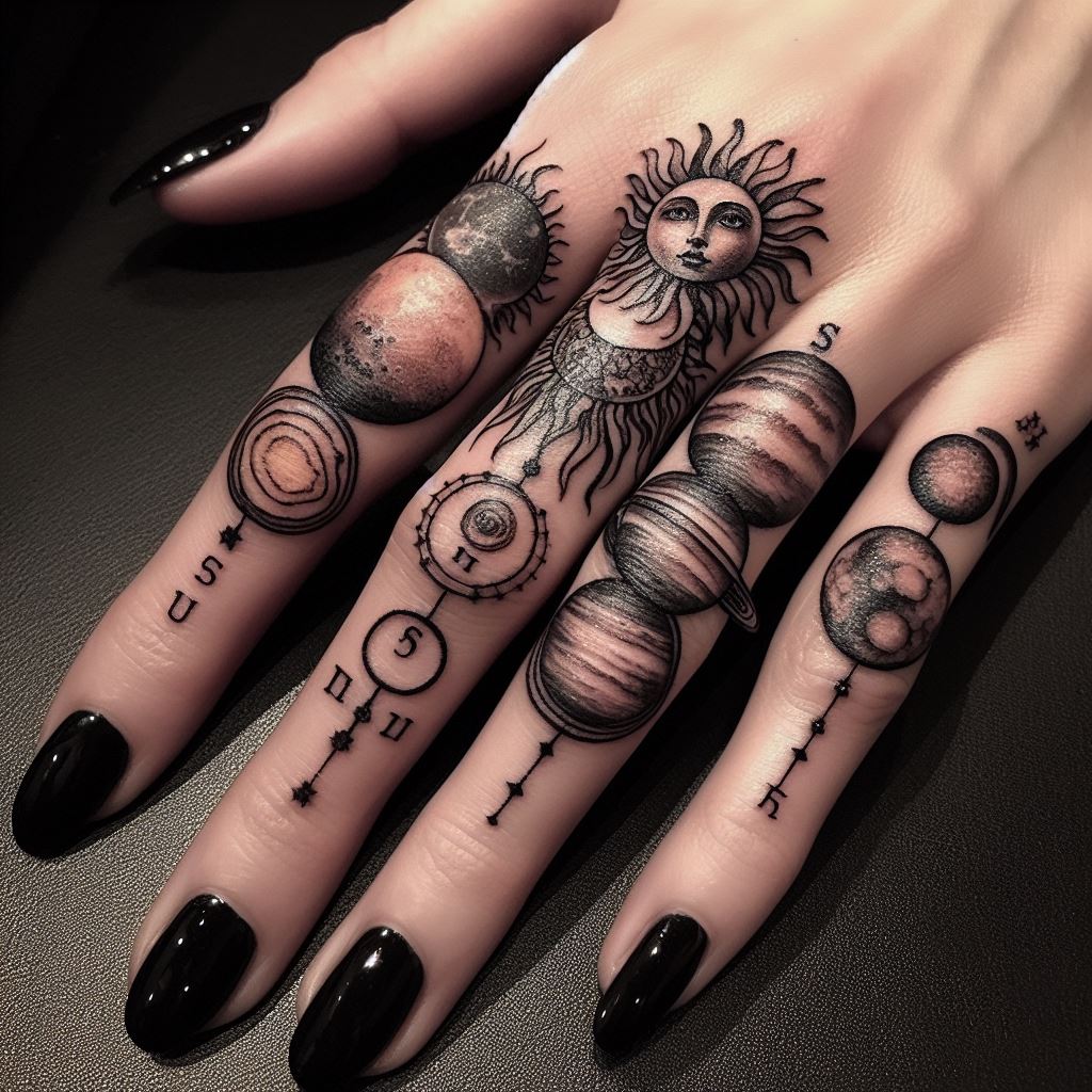 An artistic rendition of the solar system tattooed across the fingers, each planet represented by a different symbol and the sun placed on the thumb.