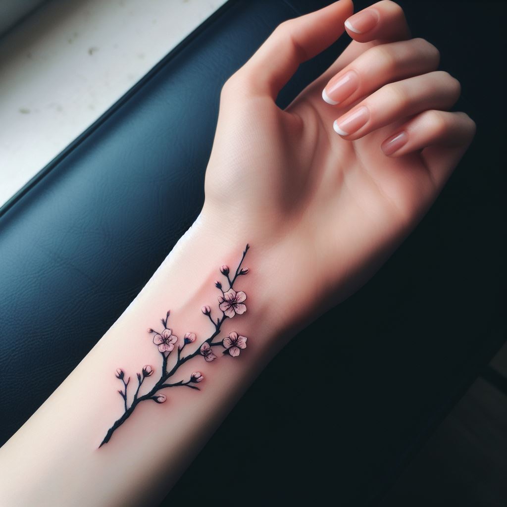 A delicate cherry blossom branch tattoo stretching from the wrist to the thumb, symbolizing renewal and the fleeting nature of life.
