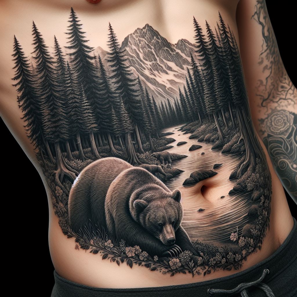 A tattoo of a bear in a peaceful forest setting, sprawling across the stomach area. The bear is depicted in a resting pose, surrounded by a detailed landscape of trees, a stream, and mountains in the distance. This large-scale tattoo symbolizes tranquility, the strength found in solitude, and a deep connection with the natural world. The design is immersive, with each element of the landscape contributing to a serene and majestic whole.