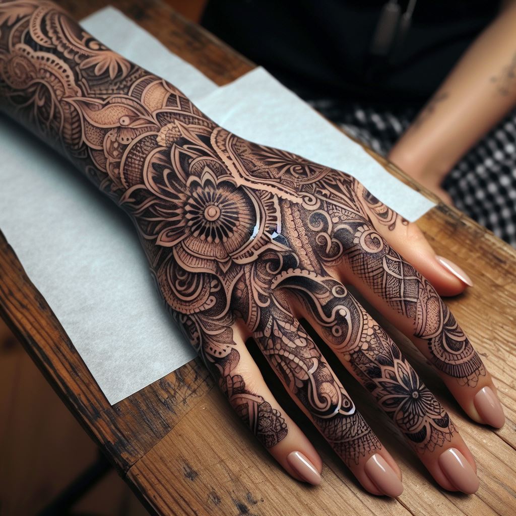 An intricate lace pattern tattoo covering the side of the hand, resembling a delicate fabric with its detailed work and elegant design.