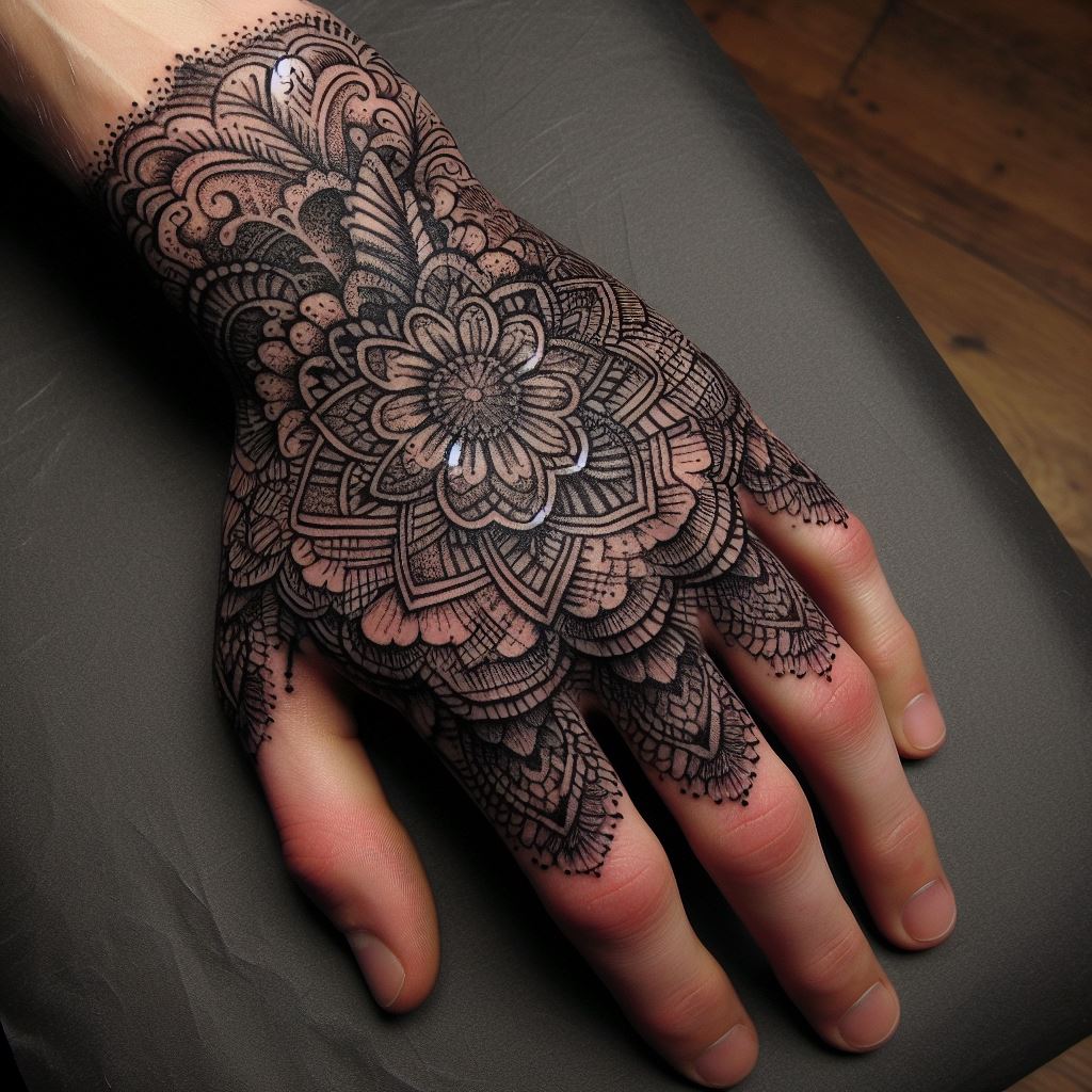 An intricate lace pattern tattoo covering the side of the hand, resembling a delicate fabric with its detailed work and elegant design.