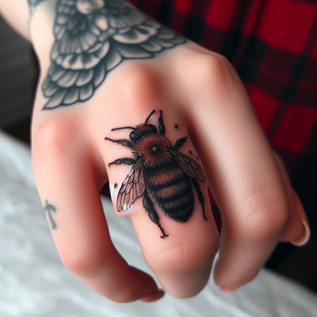 A small, realistic bee tattoo on the knuckle, with detailed wings and body, symbolizing hard work and community.