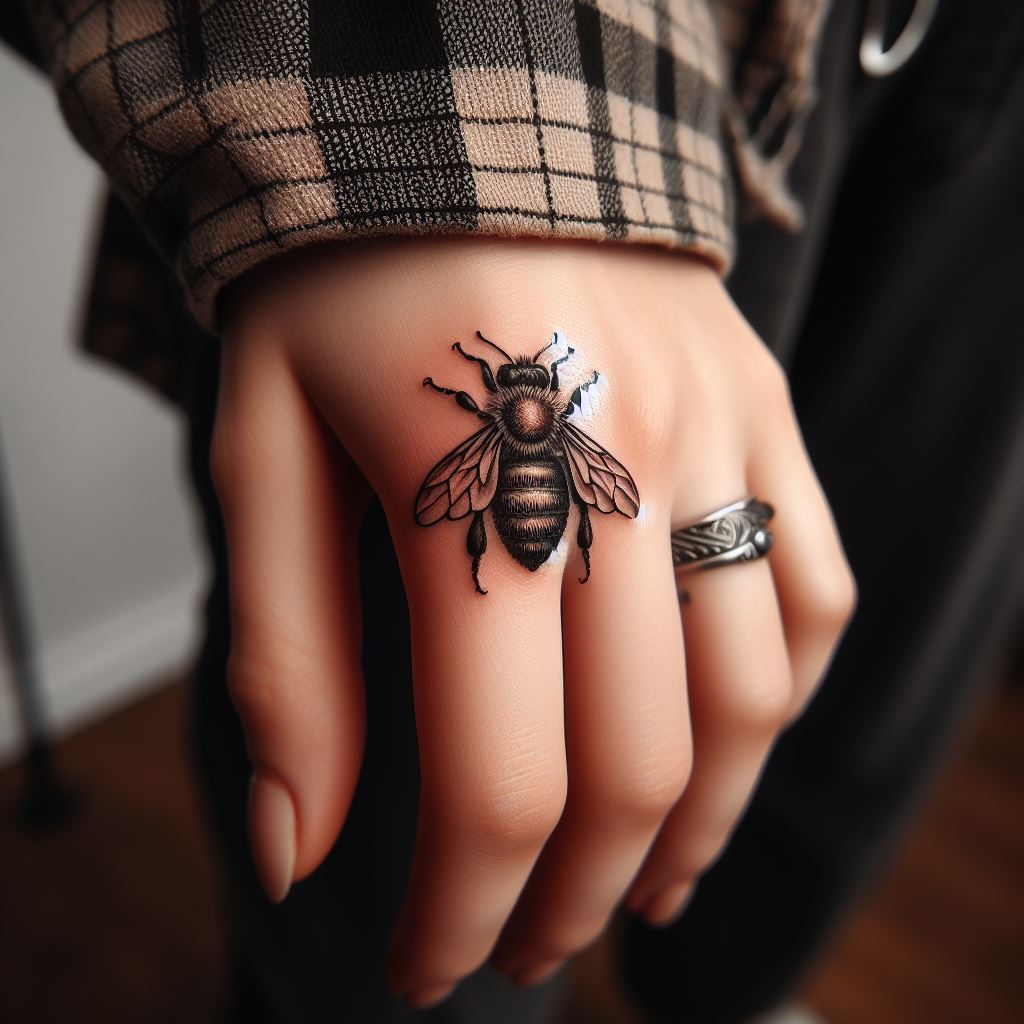 A small, realistic bee tattoo on the knuckle, with detailed wings and body, symbolizing hard work and community.
