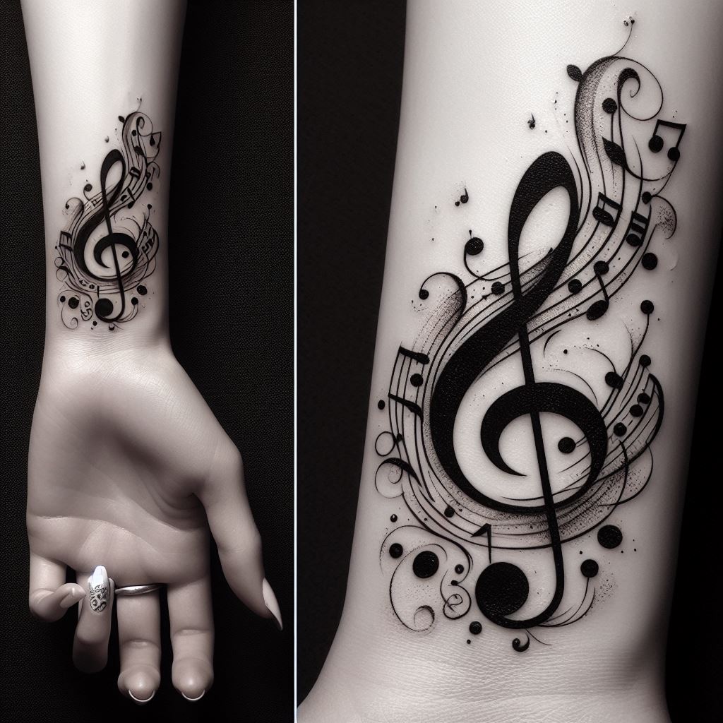A set of musical notes and treble clef tattoo on the wrist, flowing gracefully onto the back of the hand, for a music lover.