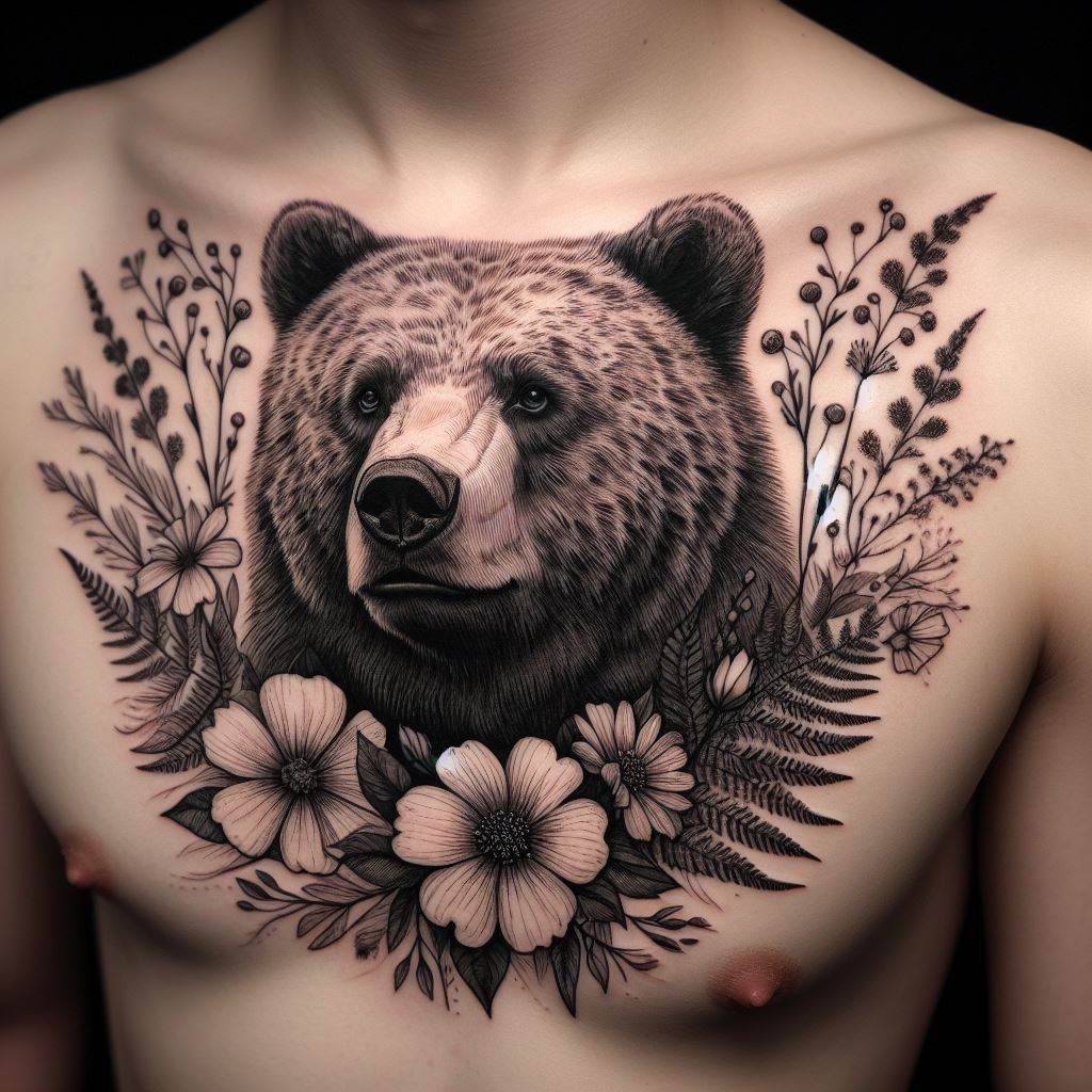 A tattoo of a bear's head with a crown of wildflowers and ferns across the upper chest, just below the collarbones. This design merges the bear's majestic nature with the delicacy of wild flora, symbolizing a balance between strength and gentility. The bear's gaze is calm yet penetrating, commanding attention. This tattoo uses fine lines for the bear's fur and detailed shading for the flowers, creating a contrast that highlights both the bear's fierceness and the flowers' elegance.