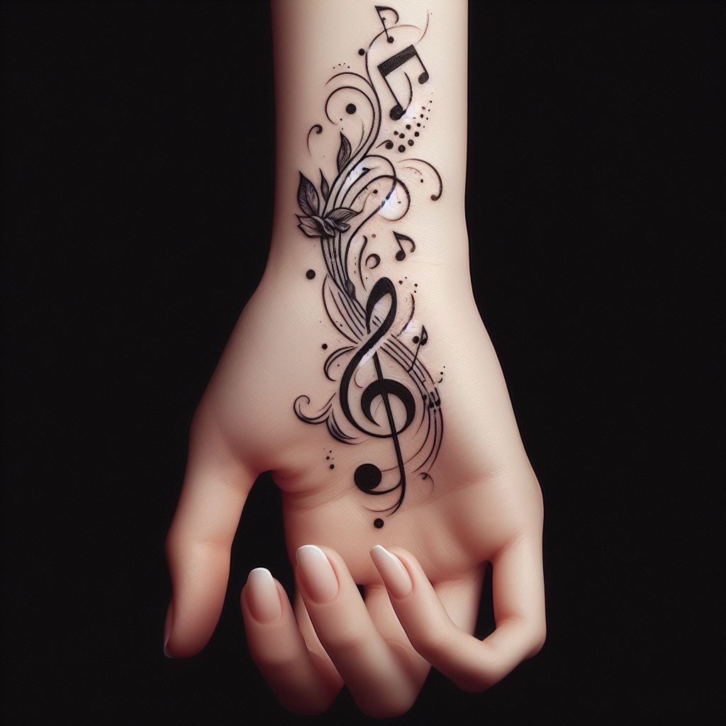 A set of musical notes and treble clef tattoo on the wrist, flowing gracefully onto the back of the hand, for a music lover.
