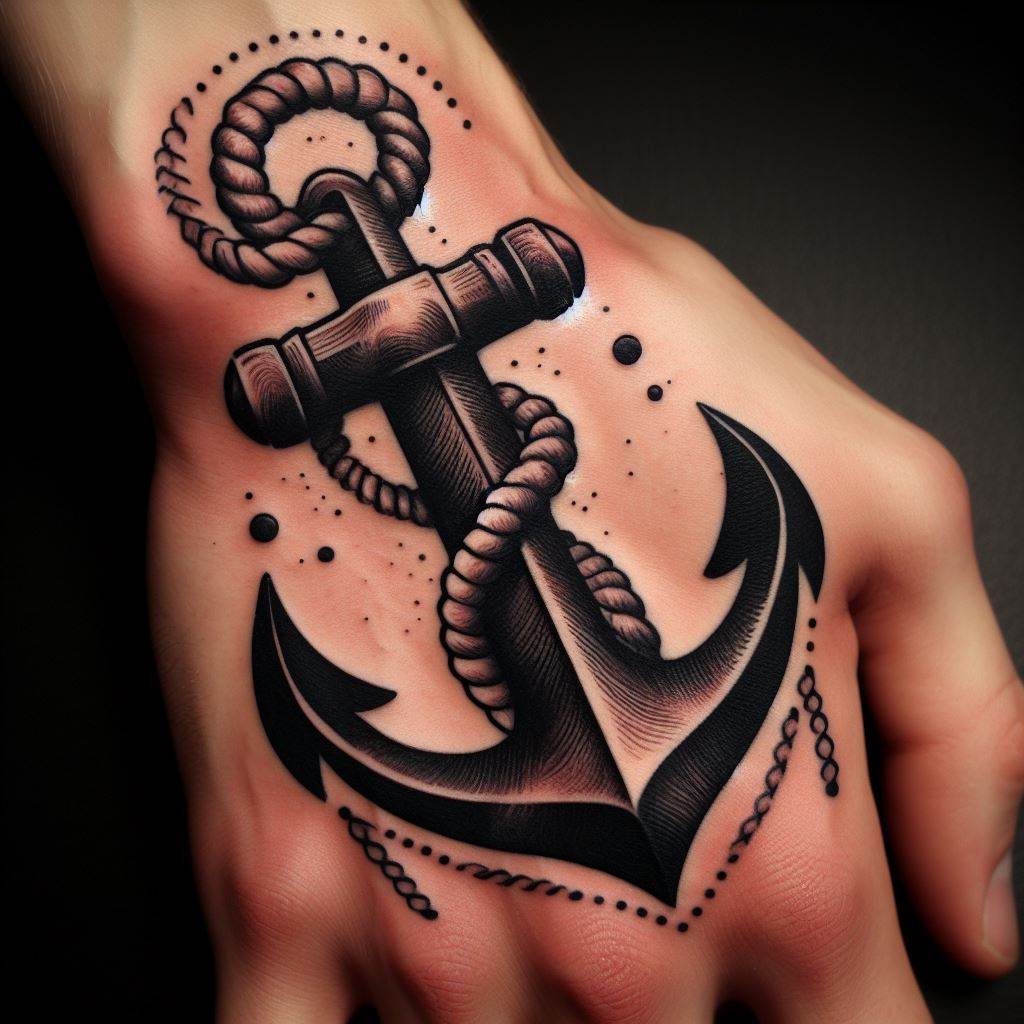 An anchor tattoo on the side of the palm, representing stability and strength, with rope details wrapping around the wrist.
