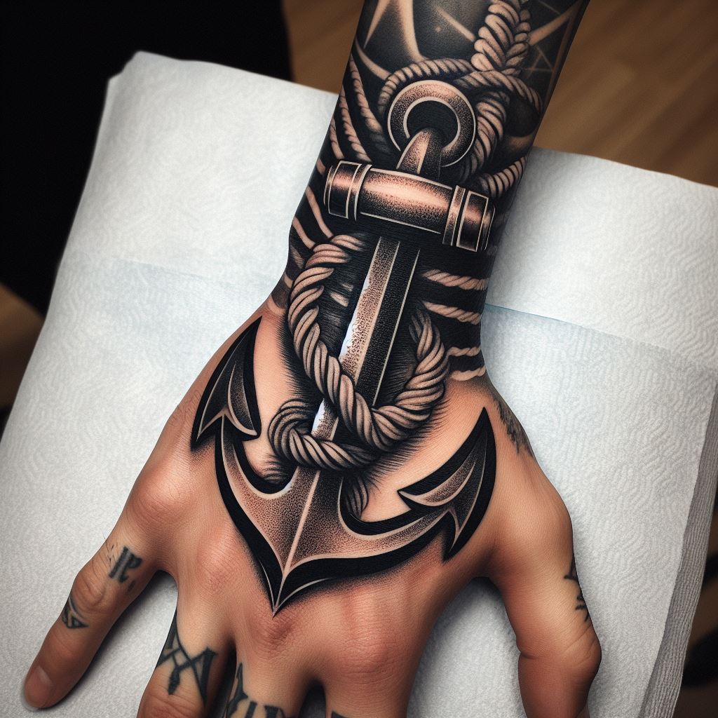 An anchor tattoo on the side of the palm, representing stability and strength, with rope details wrapping around the wrist.