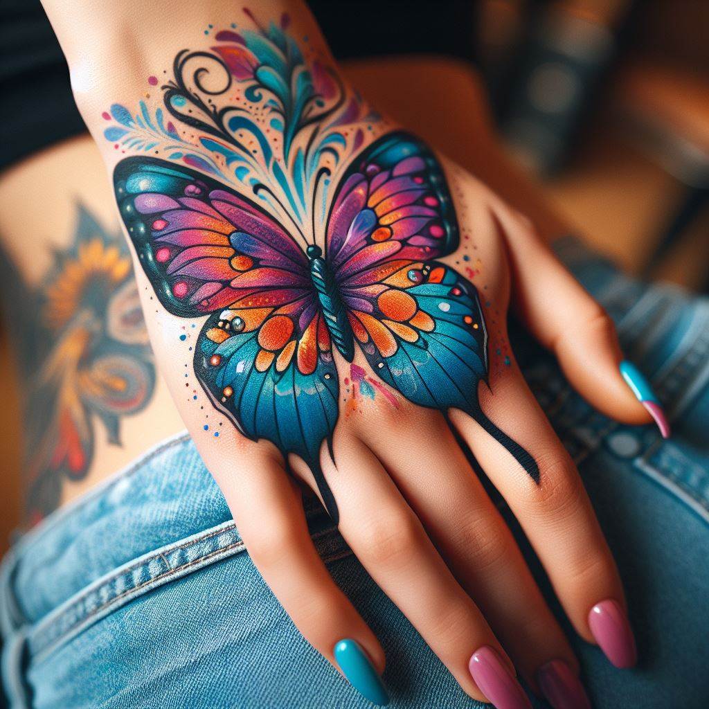 A colorful butterfly tattoo on the back of the hand, with wings spread wide, showcasing vibrant hues and patterns.
