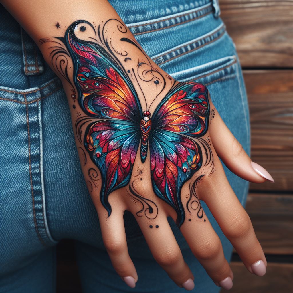 A colorful butterfly tattoo on the back of the hand, with wings spread wide, showcasing vibrant hues and patterns.