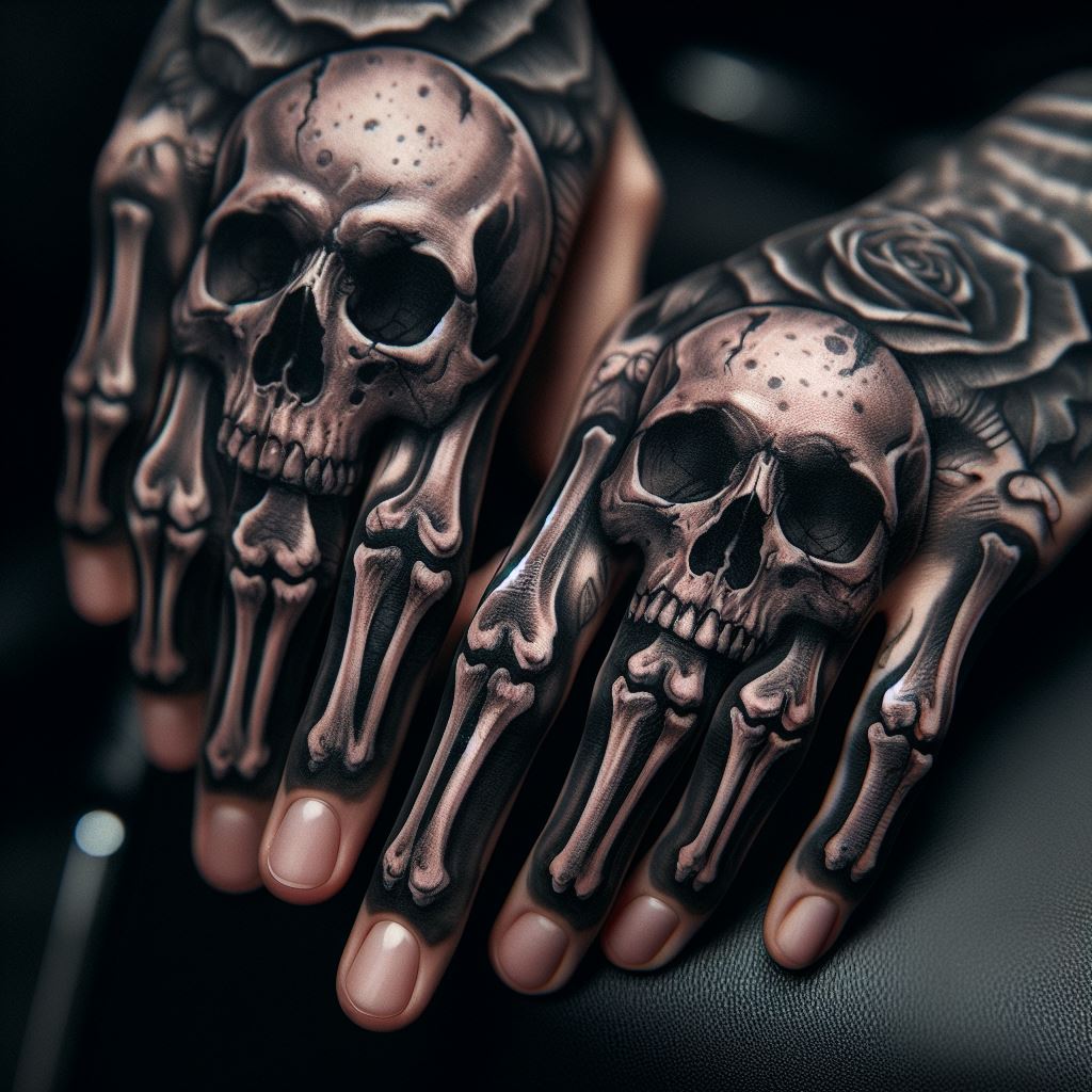 A gothic skull tattoo on the fingers, each bone and feature carefully shaded to create a dark and mysterious look.