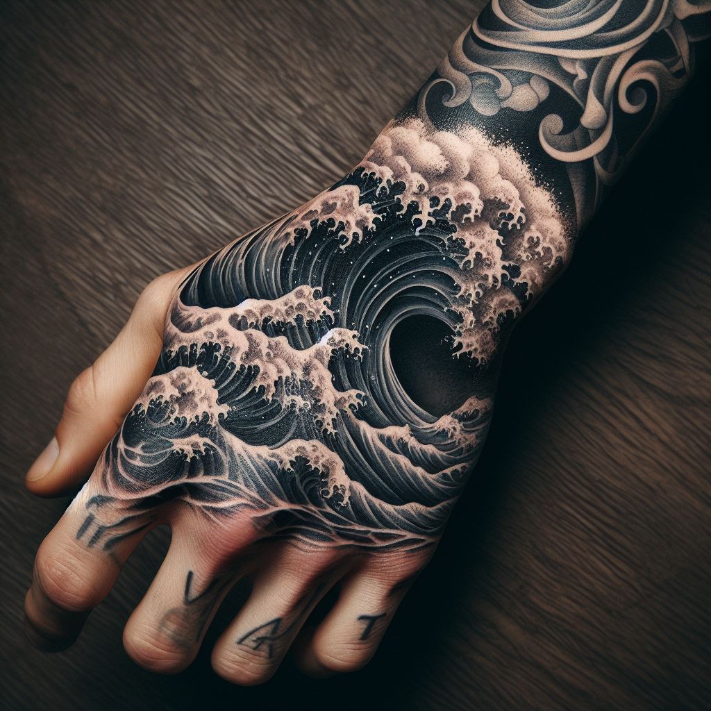 An ocean wave tattoo on the wrist, extending onto the hand with detailed foam and curls, capturing the power and tranquility of the sea.