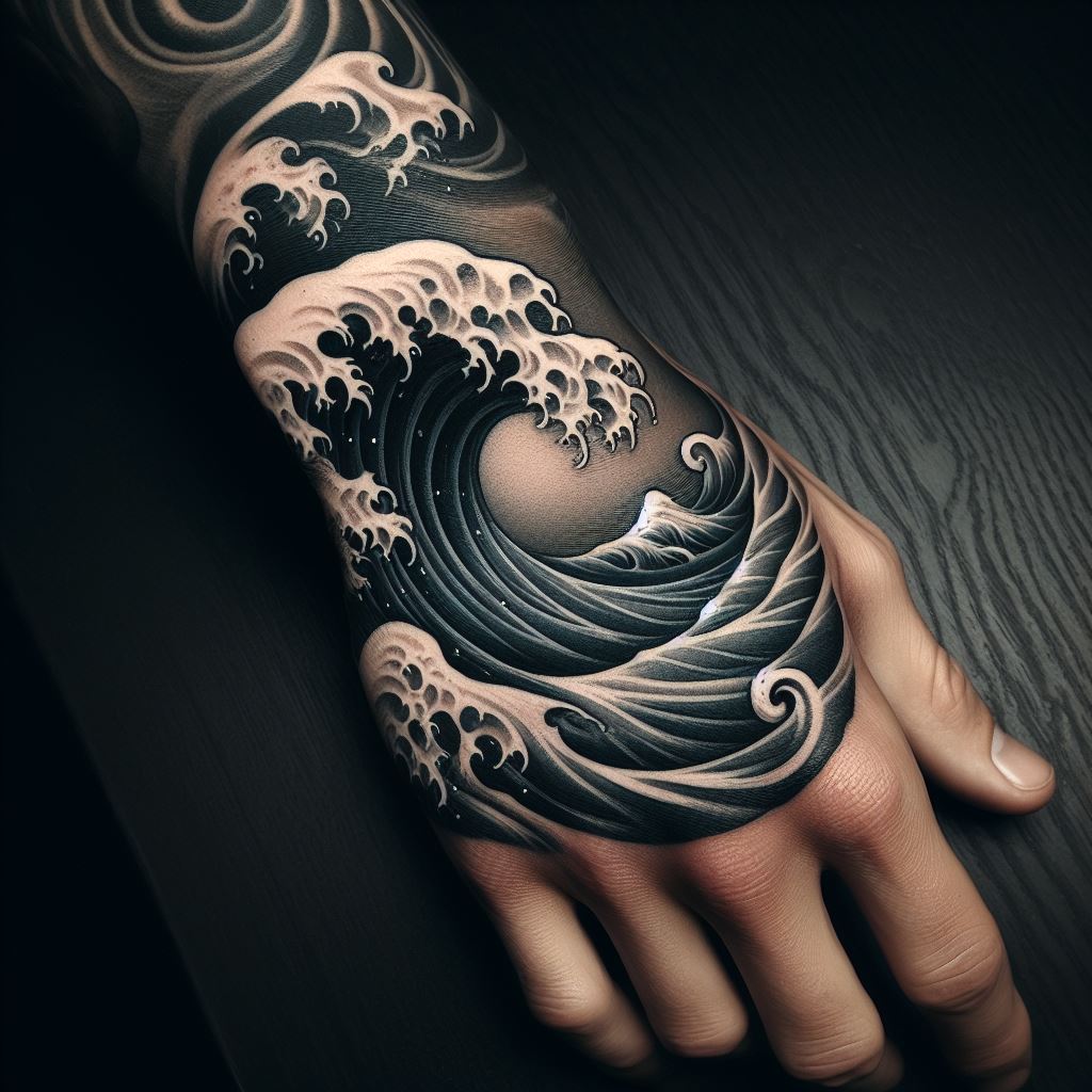 An ocean wave tattoo on the wrist, extending onto the hand with detailed foam and curls, capturing the power and tranquility of the sea.