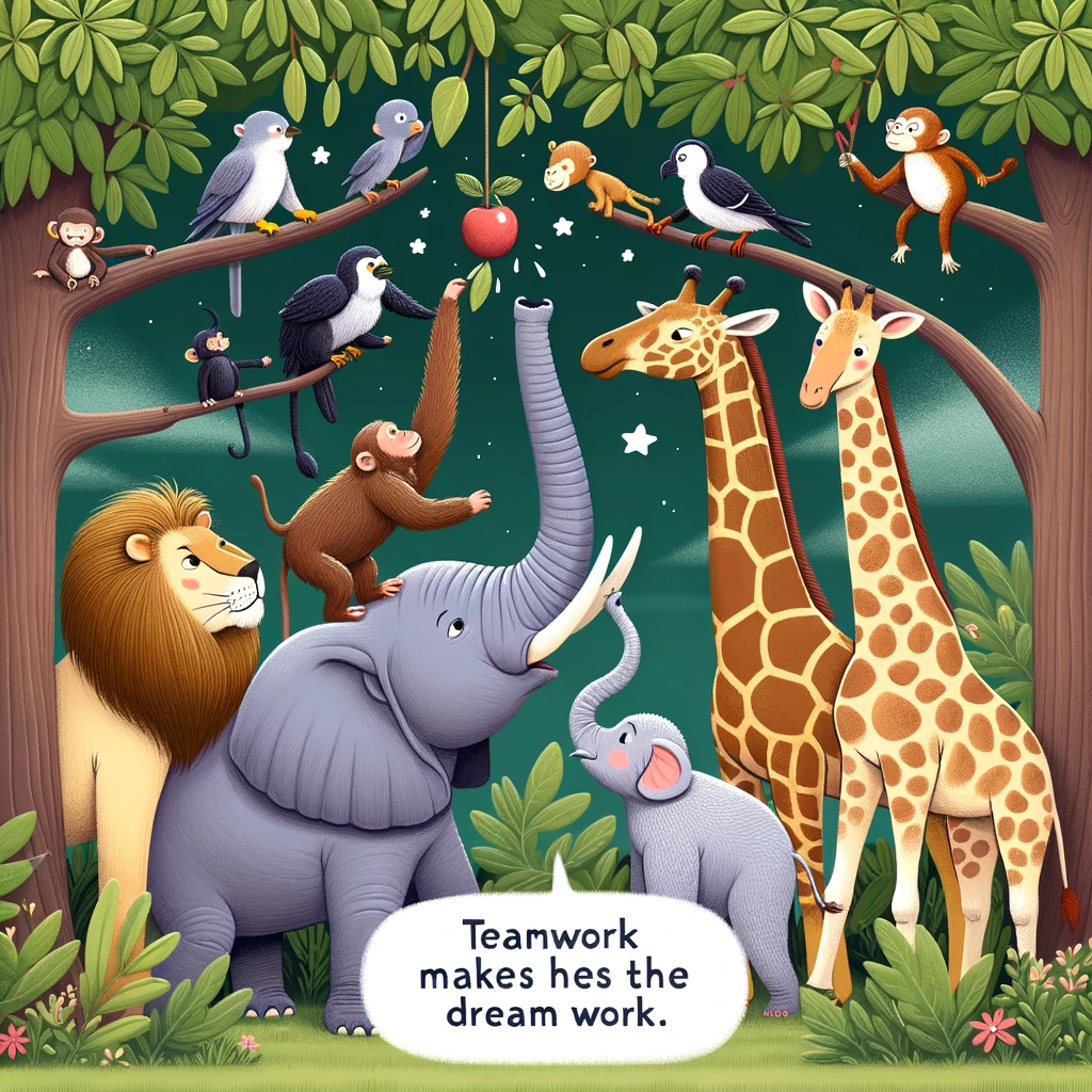 A group of diverse animals, including a lion, elephant, giraffe, and monkey, working together to reach a piece of fruit hanging high on a tree. The caption reads: 'Teamwork makes the dream work.'