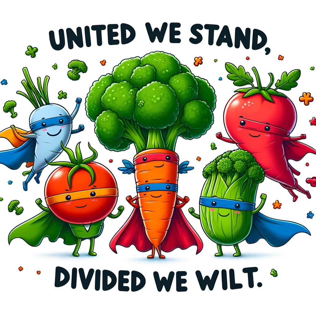 A group of cartoon vegetables, including a carrot, tomato, broccoli, and potato, wearing superhero capes and flying through the sky. The caption reads: 'United we stand, divided we wilt.'