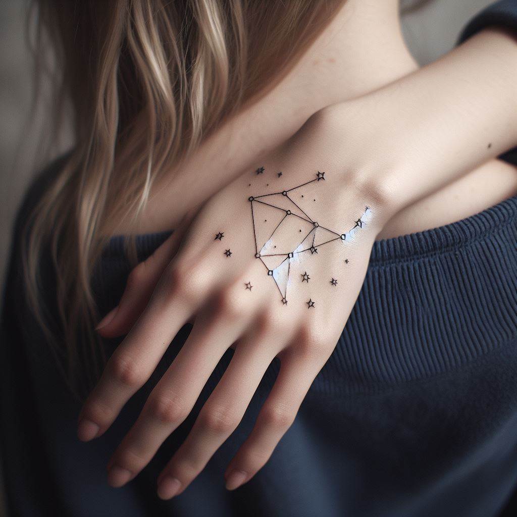 A constellation tattoo on the back of the hand, connecting stars with thin lines to form a zodiac sign, subtly inked for an astronomical appeal.