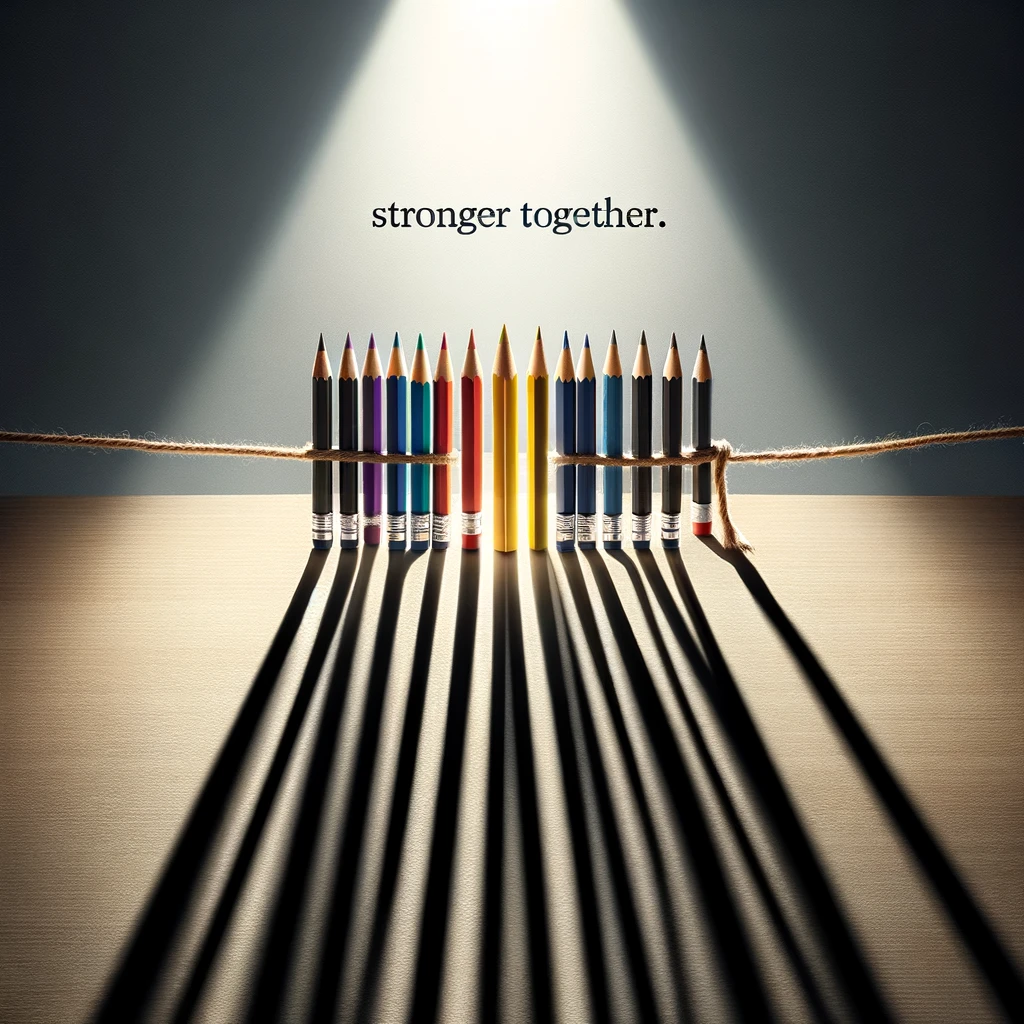 A group of pencils of different colors and lengths, tied together with a string, standing upright on a desk with a bright light shining above them, casting a single shadow. The caption reads: 'Stronger together.'