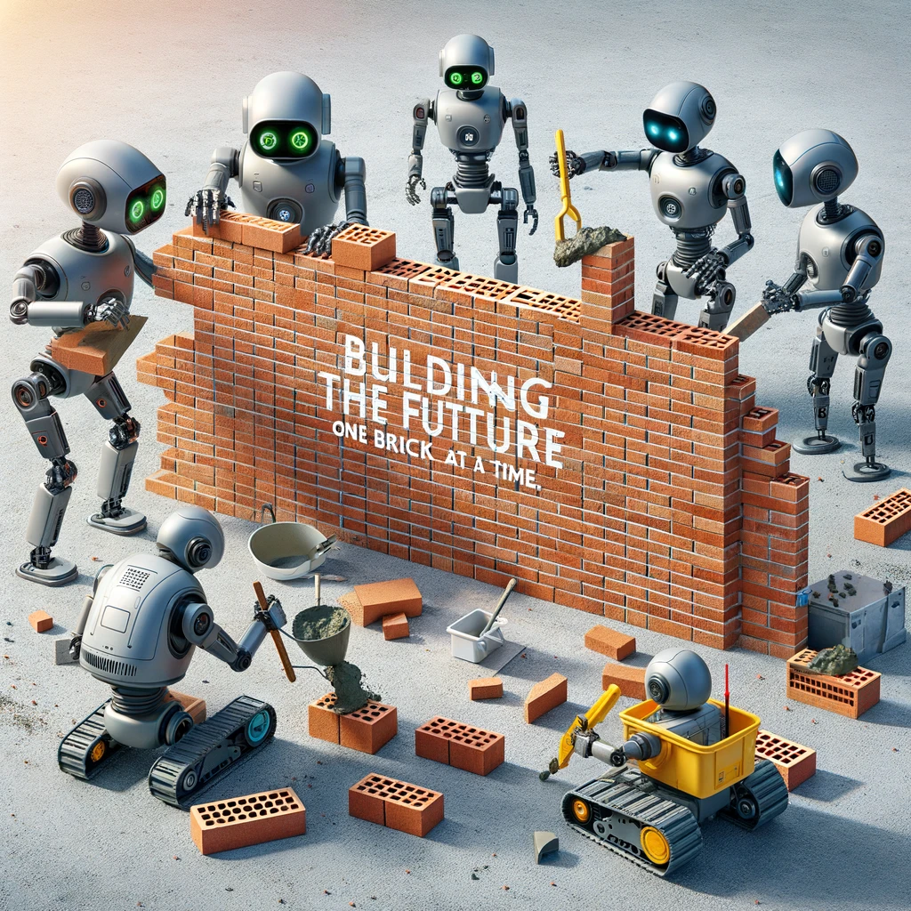 A team of robots of various shapes and sizes, building a brick wall together on a construction site. One robot is passing bricks, another is applying mortar, and another is precisely placing the bricks. The caption reads: 'Building the future, one brick at a time.'