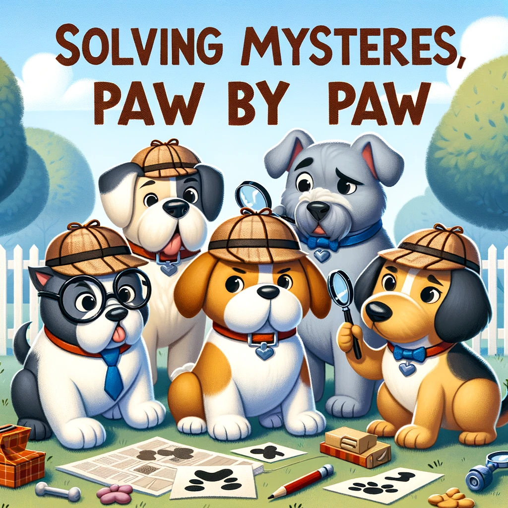 A pack of cartoon dogs, including a bulldog, a poodle, a dachshund, and a husky, wearing detective hats and examining clues with magnifying glasses in a park. The caption reads: 'Solving mysteries, paw by paw.'