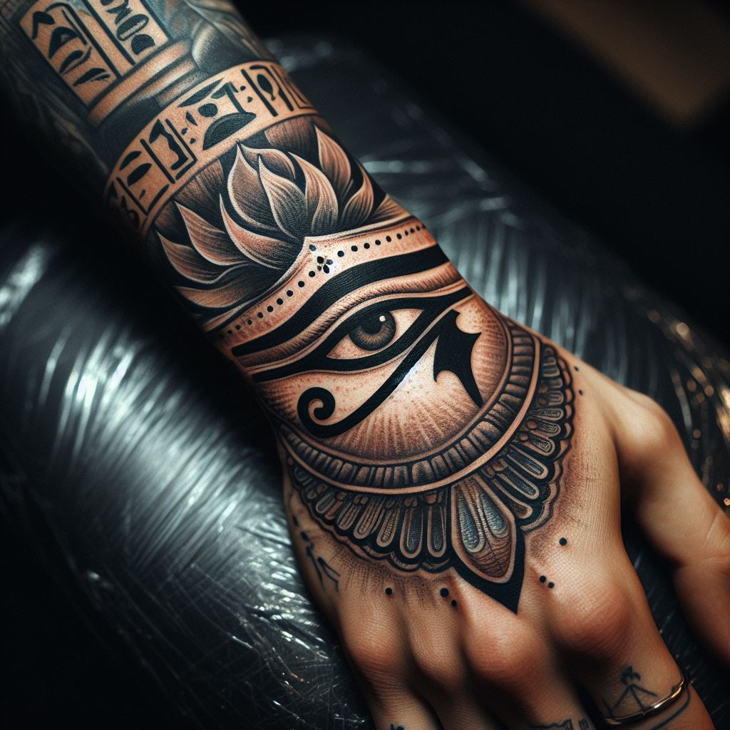 An ancient Egyptian eye of Horus tattoo on the wrist, symbolizing protection, royal power, and good health, with detailed hieroglyphic elements.