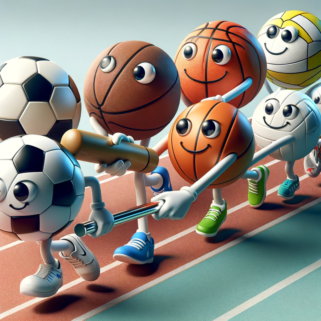 A team of various sports balls (soccer ball, basketball, football, and volleyball) with faces and arms, passing a baton in a relay race. The caption reads: 'Different games, same team spirit.'